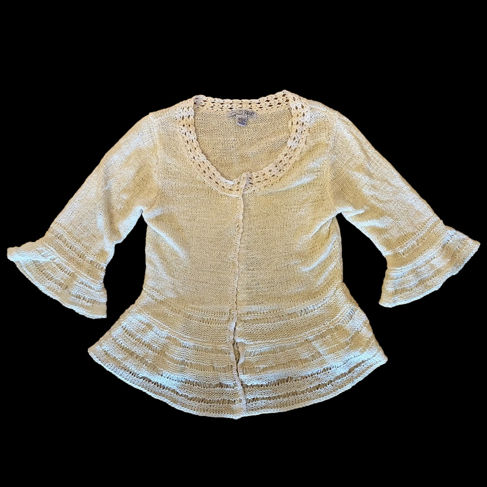 RXB Boho Open Knit Crochet Cardigan Bell Sleeve Peplum Cream Size L